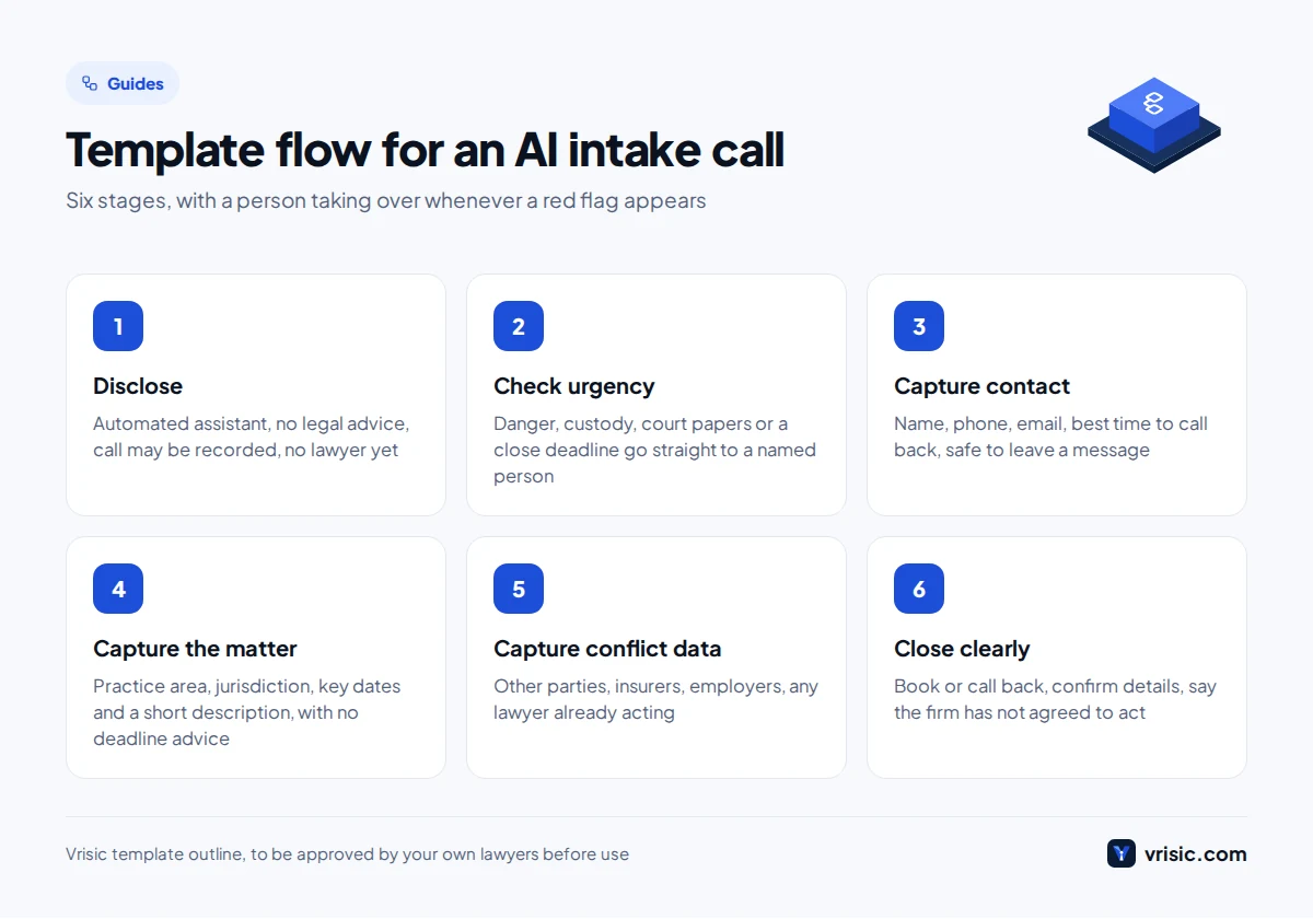 Diagram of an AI intake for law firms call flow: disclosure, urgency check, contact details, matter facts, conflict data and a clear close