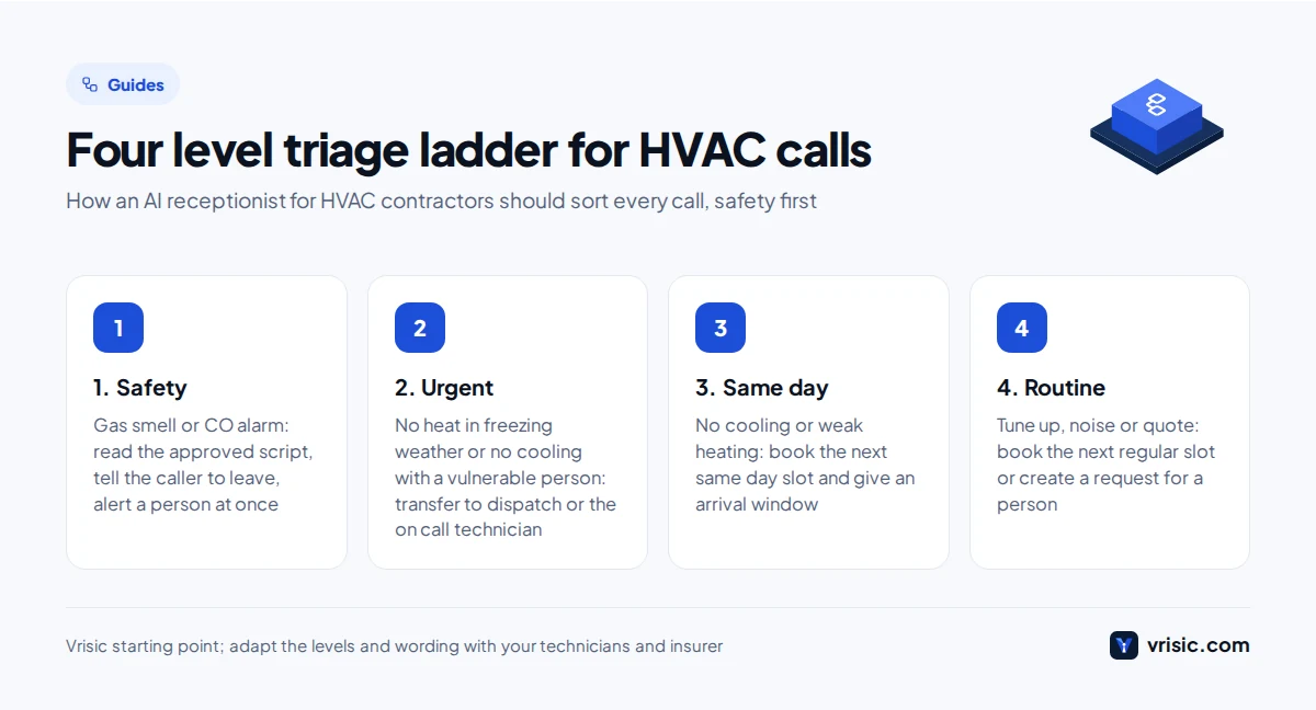 Four step triage ladder for an AI receptionist for HVAC contractors: safety, urgent, same day and routine calls with the action for each