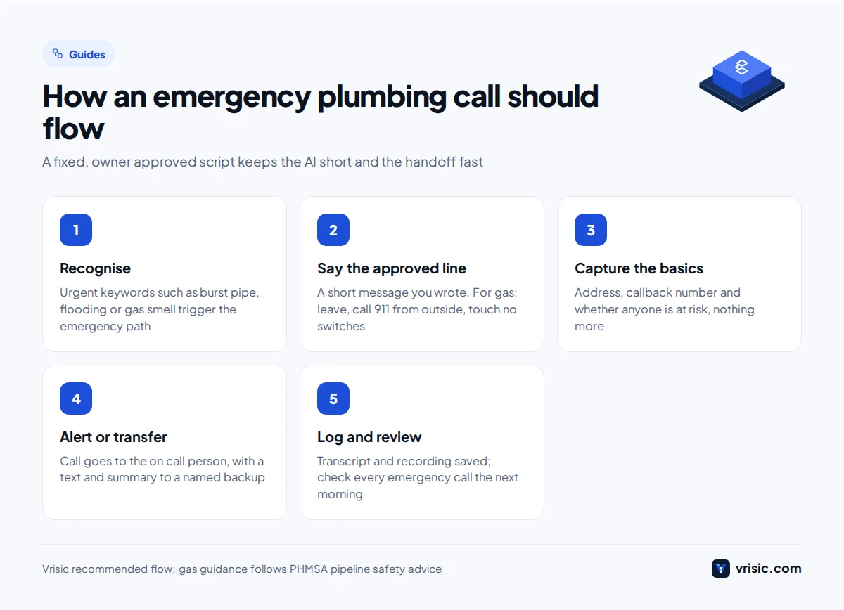 Five step flow showing how an AI receptionist for plumbers should handle a burst pipe or gas smell call, from recognising the emergency to human handoff