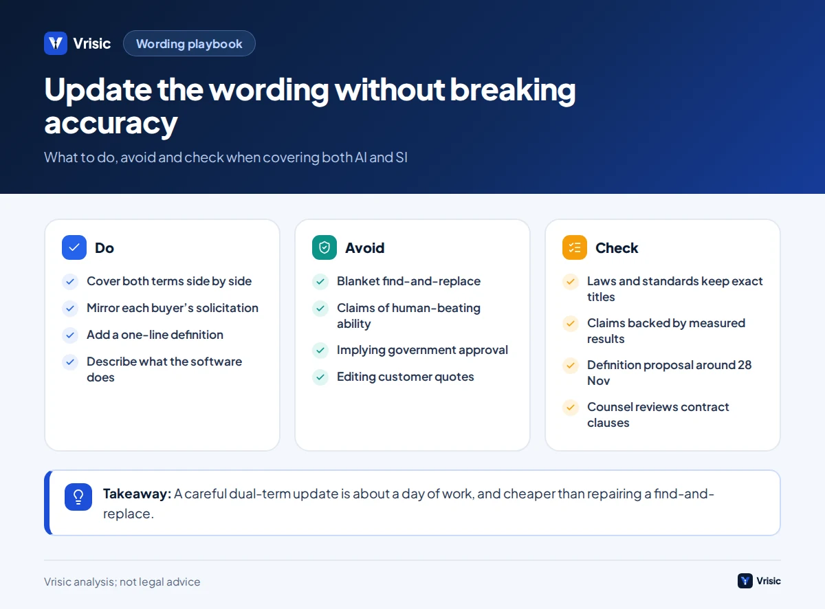 Checklist of what to do, what to avoid and what to check when updating AI and SI wording in contracts, websites and proposals